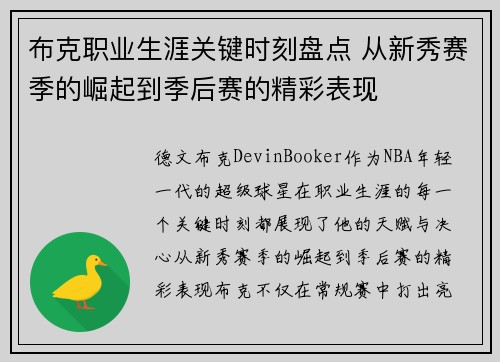 布克职业生涯关键时刻盘点 从新秀赛季的崛起到季后赛的精彩表现 布克职业生涯关键时刻盘点 从新秀赛季的崛起到季后赛的精彩表现